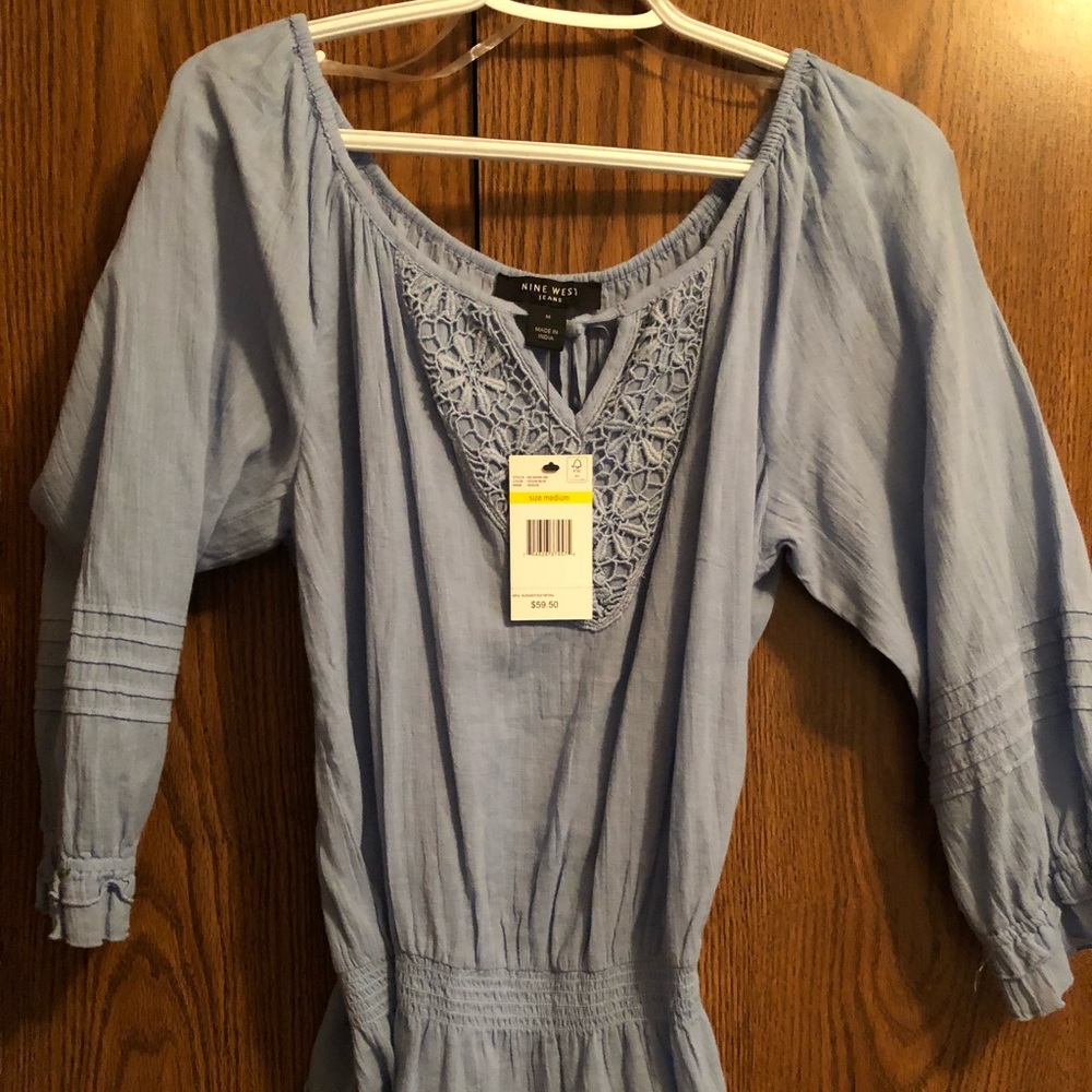 BNWT Nine West, Ocean Blue cotton/crochet shirt